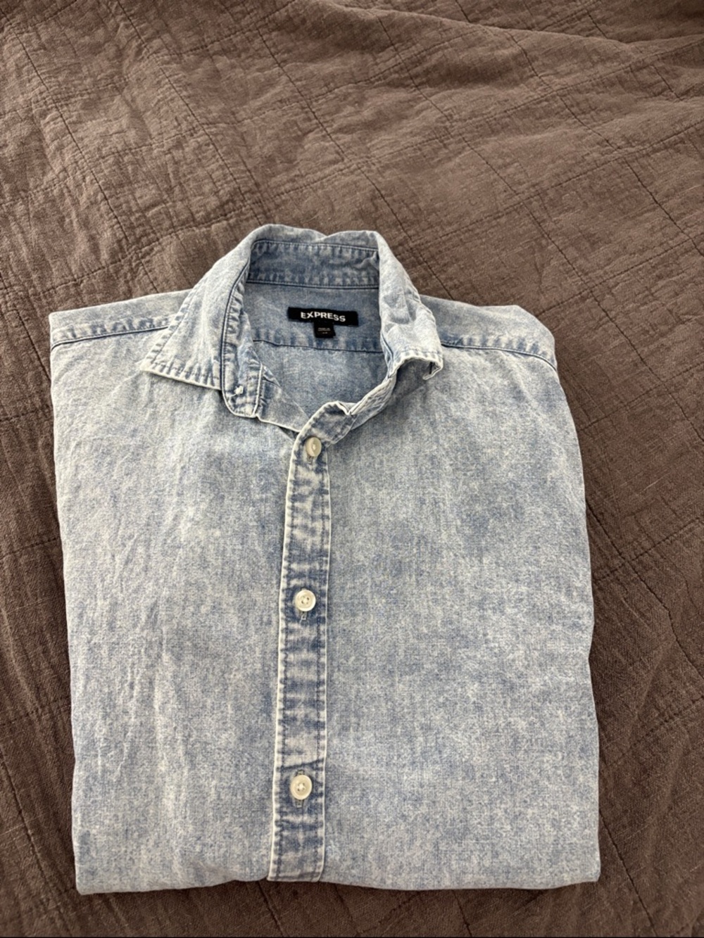 Express Light Acid Wash Denim short sleeved Button-Down Shirt - Light Blue